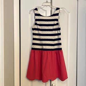 Lilly Pulitzer sleeveless dress. Blue and whit striped top with dots, pink skirt